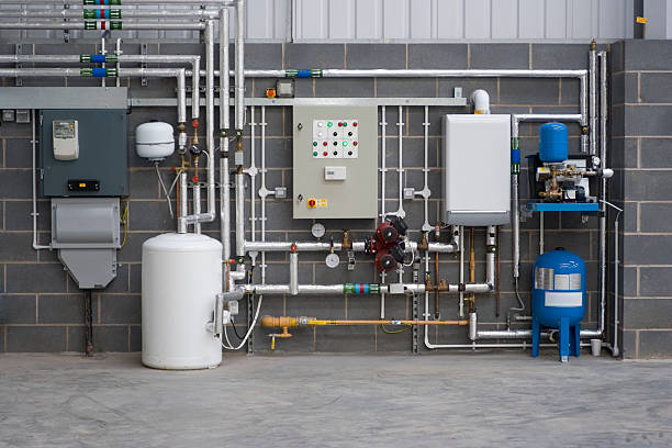 Services in new factory Service utility area in newly built factory,control panel,gas bolier, water heater, electricity meter and mains water supply. water pump photos stock pictures, royalty-free photos & images