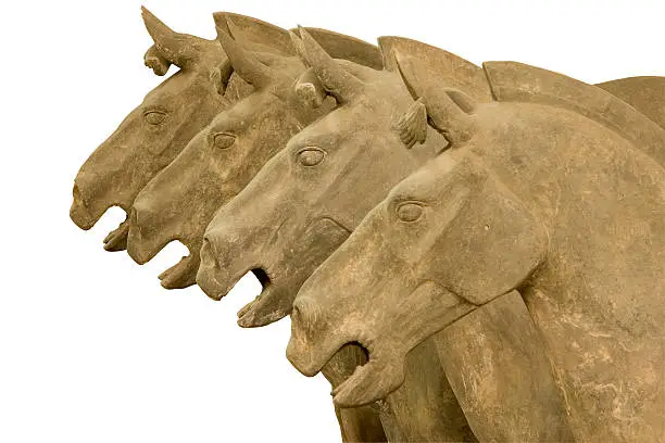 Four Horseheads from the Xian, China,  Terracotta Warriors Tomb -- in left profile, isolated on white.