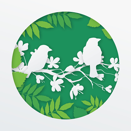 Cut Paper Style Sparrow With Leaves On A Green Base. Several layers for easier editing.