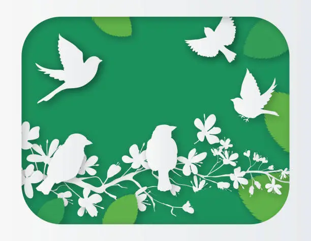 Vector illustration of Cut Paper Sparrow With Leaves On A Green Background.