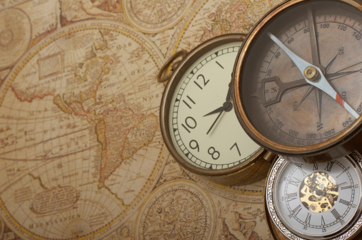Clock, compass and old map