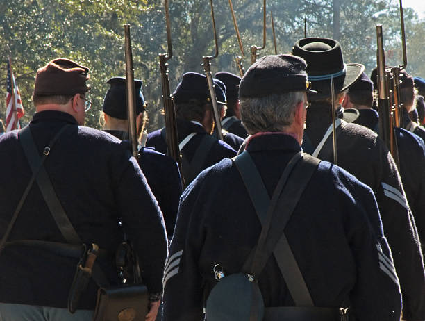 Civil War Reenactment - Union troops marching stock photo