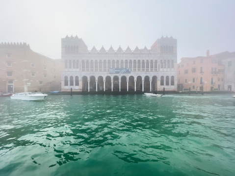 Venice, Italy, 02/02/2023; The Fondaco dei Turchi, an ancient palace, now houses the Natural History Museum on the banks of the Grand Canal in venice. Travel destination background, copy space. Front view. Misty weather concept.
