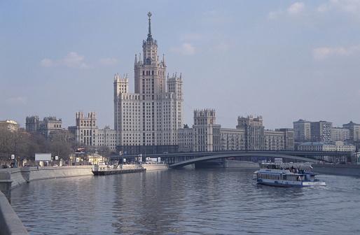 Moscow, Russia - March 20, 2023: Residential building on Kudrinskaya Square. Stalin 's skyscrapers