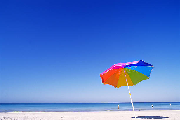 multicolor beach parasol gamp umbrella pin on the sea beach at sunlight of day time, protect sunshade for tourist in summertime, travel on the sea beach in vacation long weekend