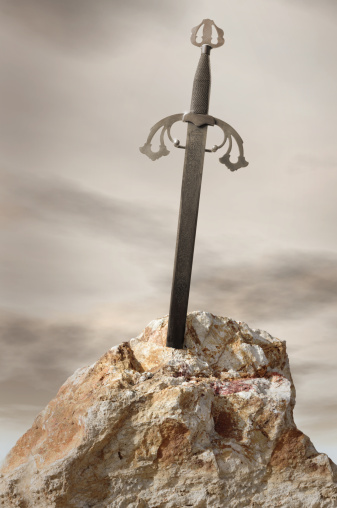 Composite image depicting King Arthur's Excalibur embedded in the stone.