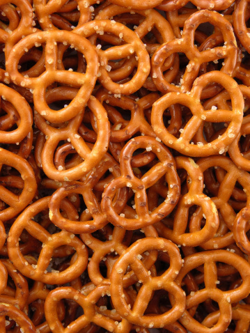 Top view of lots of salty pretzels
