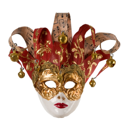 Luxury venetian mask on dark godlen bokeh background. New year and christmas party celebration design banner. Carnival masquerade fantasy costume ball.