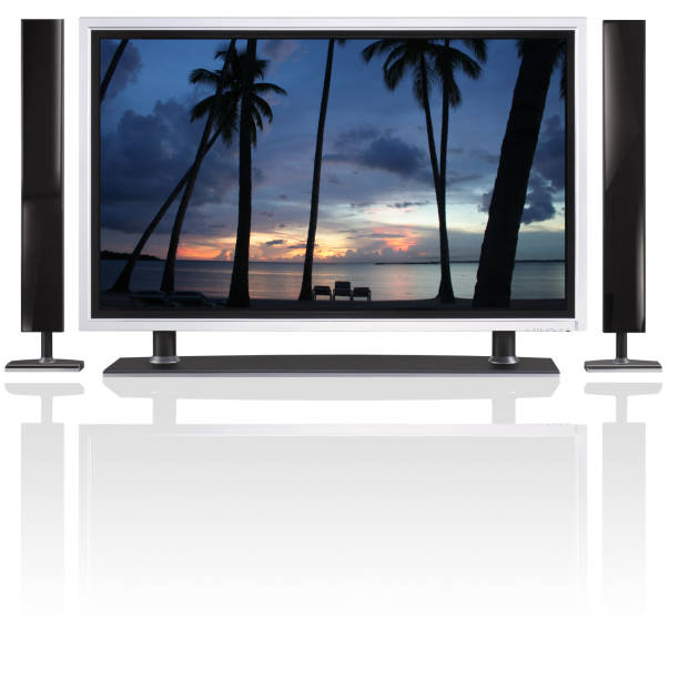 istock LCD / plasma tv and speakers on white with reflection 157192092