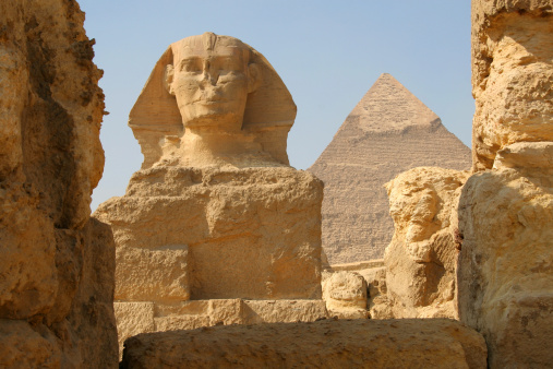 An unusual view of the Sphinx and Pyramid of Khafre, Giza, Egypt.