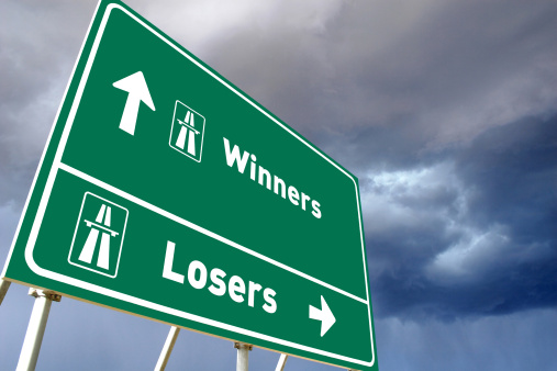 Traffic sign Highway for Winners or Losers. Business concept.