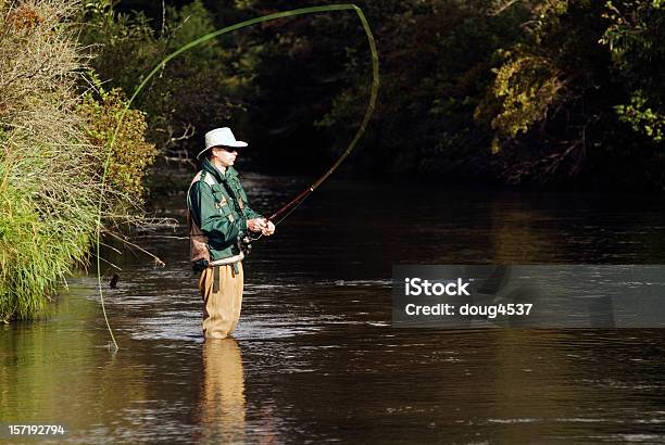 Fly Fisherman Casting Foto de stock y más banco de imágenes de Actividad al aire libre - Actividad al aire libre, Actividad de fin de semana, Actividades recreativas