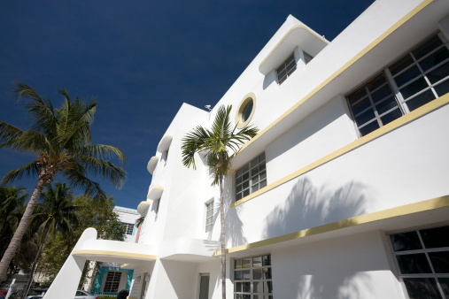Miami Beach, FL, US-November 20, 2021: Art Deco hotels line Ocean Boulevard in the trendy South Beach area including the historic Barbizon hotel.