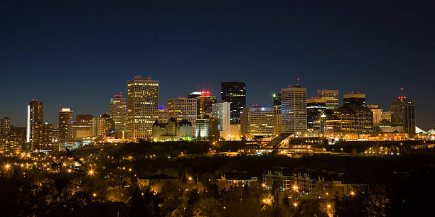 Wide-angle shot of Edmonton night skyline stock photo