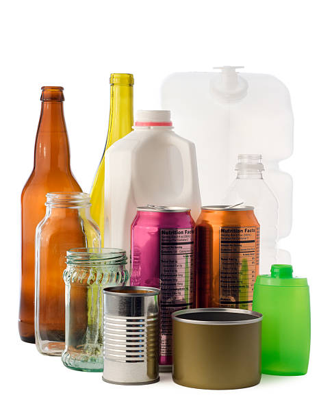 Environmental Recycling Isolated—Glass Bottles, Jars, Metal Cans, Plastic Containers