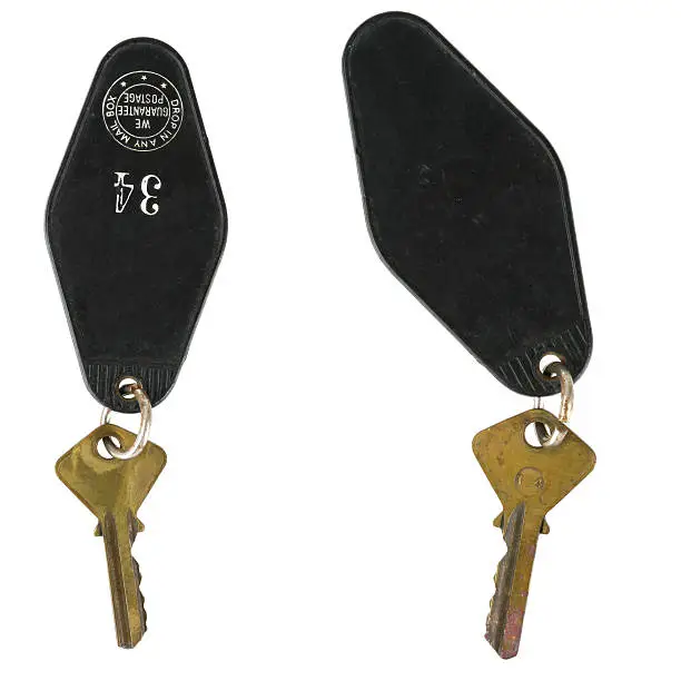 Retro motel keys isolated on white.