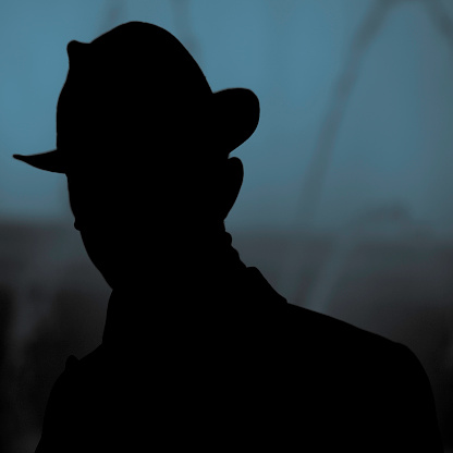 silhouette of an unknown, incognito person wearing an typical 'detective' hat, night shot. detective, police, secrecy concept