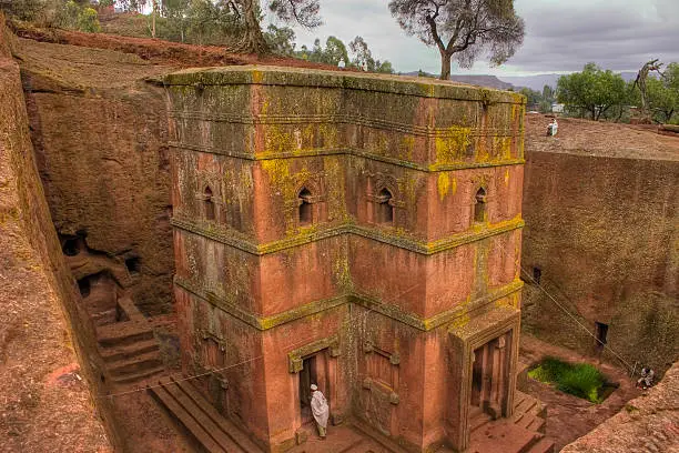 Bet Giorgis, Lalibela Ethiopia. A Rock hewn cross shaped church in Lalibela, Ethiopia. This church was built in the 12th century by hewing out all pieces of stone not needed.