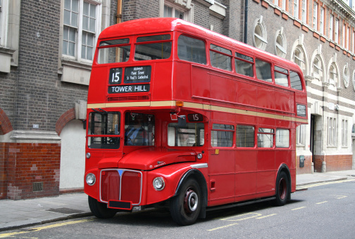 London. UK- 01.08.2023. A front view of a old iconic Routemaster double docker bus which now used as a ride for tourists.