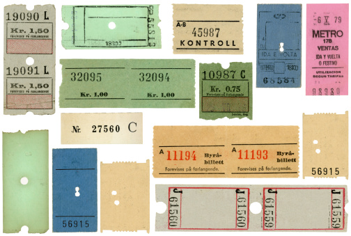 Fourteen different vintage tickets, mostly from European subways, Metro, trains, and museums. Some have blank areas for you to add your own type. 