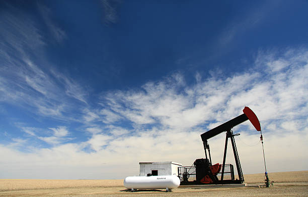 Pumpjack on Oil Field in Alberta A pumpjack on the plains. Location is Alberta, Canada near Calgary. The oil industry and crude oil are a huge piece of the Alberta economy. Shipping oil and gas and the keystone pipeline have been dominant stories in the news. This well is located in the Drumheller Valley. Summer.  oil pump oil industry alberta equipment stock pictures, royalty-free photos & images