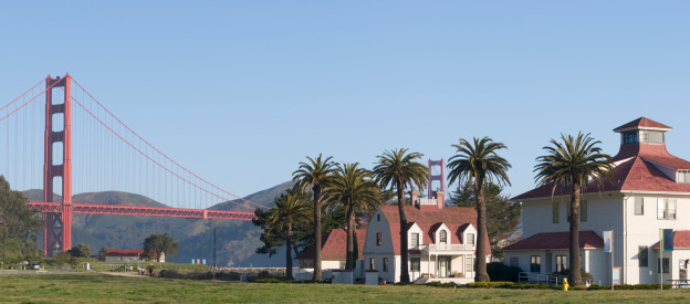 The visitor center at Crissy Field with the Golden Gate Bridge in the background. Shot taken in the morning.