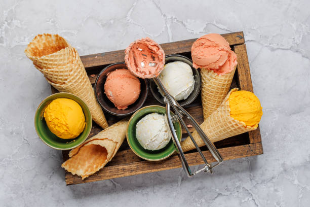 istock Assorted ice cream flavours in delightful waffle cones 1571939332