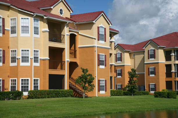 View of a tree in an apartment complex with landscaped grounds and surrounding buildings