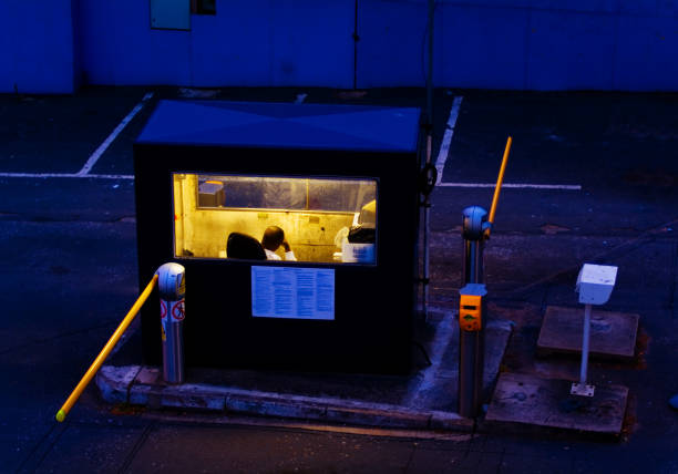 istock Night guard booth , staffed, with entry gate, closed 157194219