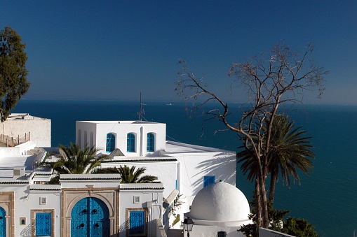 DSLR Picture of a blue and white building on a hill with sea view in Sidi Bou Said, a rich suburb of Tunis in Tunisia. The sky is blue without a cloud and there is no people on the picture.