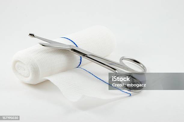 Medical Supplies Stock Photo - Download Image Now - Gauze, Surgical Scissors, White Background