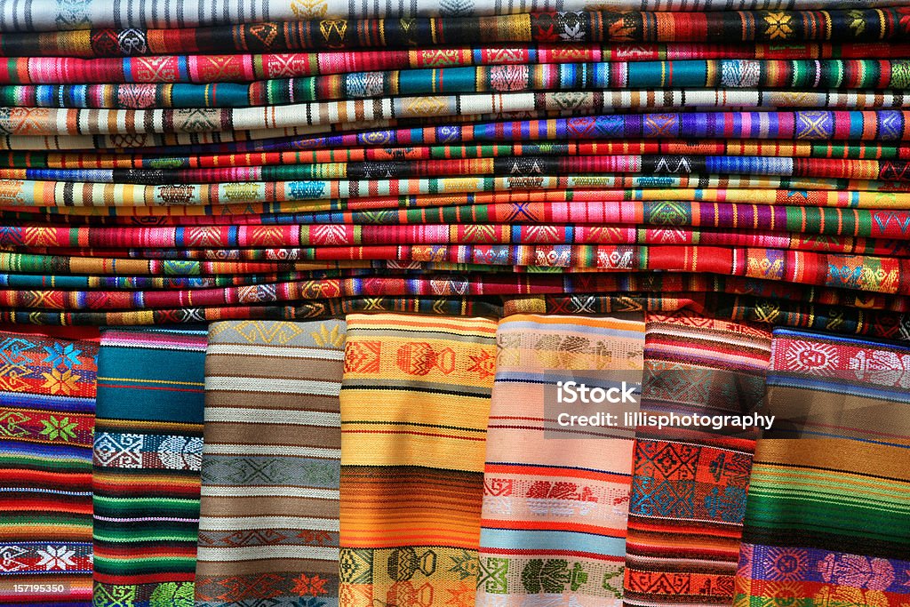 Mexican Blankets Tablecloths Market Santa Fe Mexican Fabric at Market, Santa Fe Blanket Stock Photo