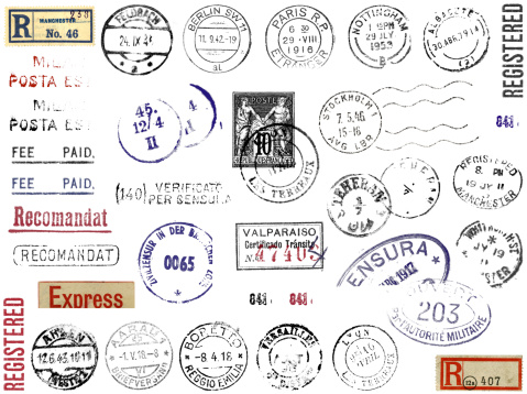 A plethora of postal marks, stamps, and stickers from different countries. England, France, Germany, Italy, Spain, Sweden, Switzerland, Iran… Berlin, Paris, Stockholm... Registered, Censored, Express Mail. 