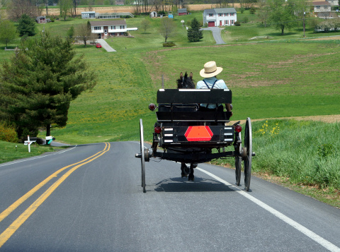 Groffdale, PA, USA – June 16, 2021.  A traditional horse drawn Amish buggy travels through the Lancaster County, Pennsylvania countryside near Bird-In-Hand, PA.  Blue skies and puffy white clouds are in the background as the subjects move through farmland in the Amish Pennsylvania Dutch region.