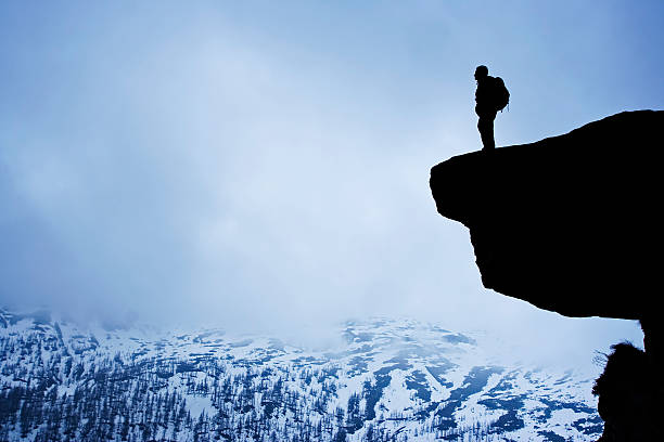 istock Silhouette of man on a hill overlooking snowy mountains 157195886