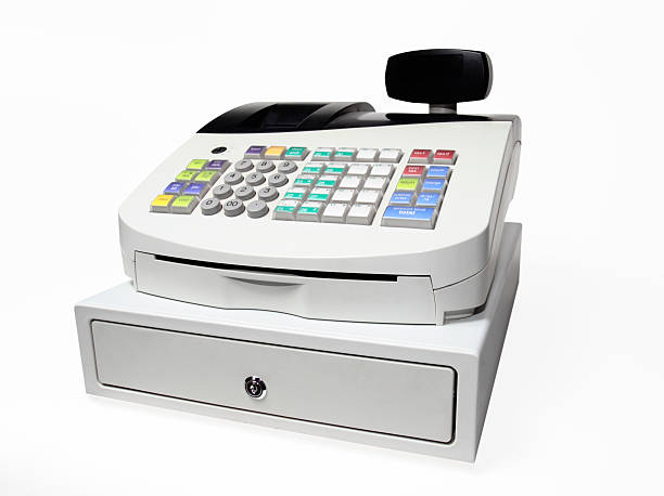 istock Modern Push button cash register isolated on white 157195913