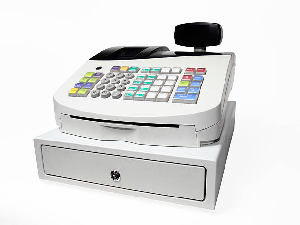 caixa registadora no branco com traçado de recorte - cash register register wealth checkout counter imagens e fotografias de stock
