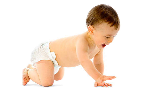 Cute little baby in nappy crawling on white stock photo