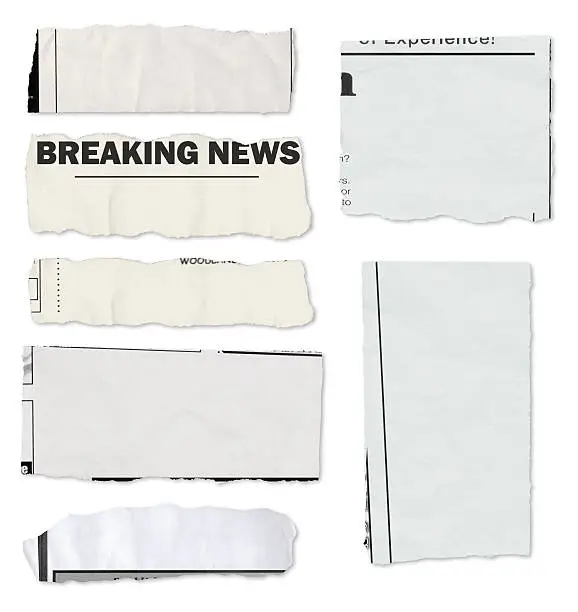 A variety of newspaper tears on white with drop shadows. Each one has a slightly different texture and color to look realistic.