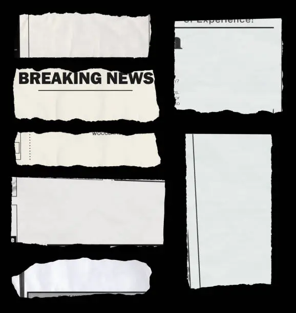 A variety of newspaper tears isolated on black. Each one has a slightly different texture and color to look realistic.