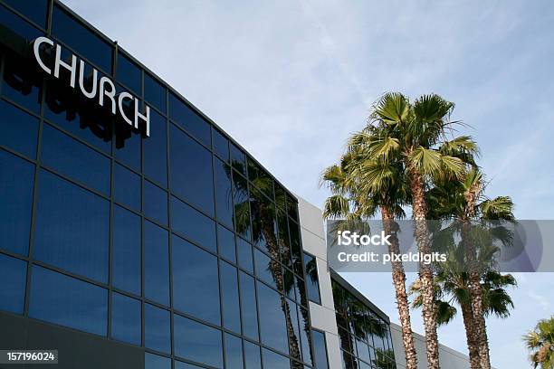 The Outside Of A Modem Church Building And Palm Trees Stock Photo - Download Image Now