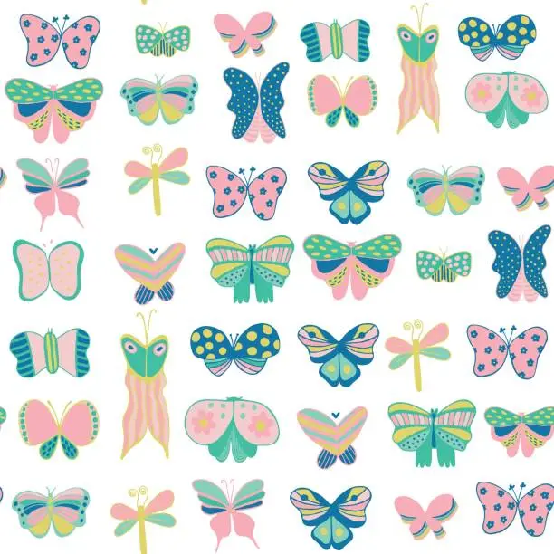 Vector illustration of seamless pattern of colorful bright insects, twigs, hearts. Perfect for wallpapers, gift paper, greeting cards, fabrics, textiles, web designs. Vector illustration. Hand drawn.