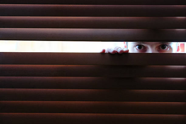 istock Man is watching through hole in window's wooden blinds 157196347