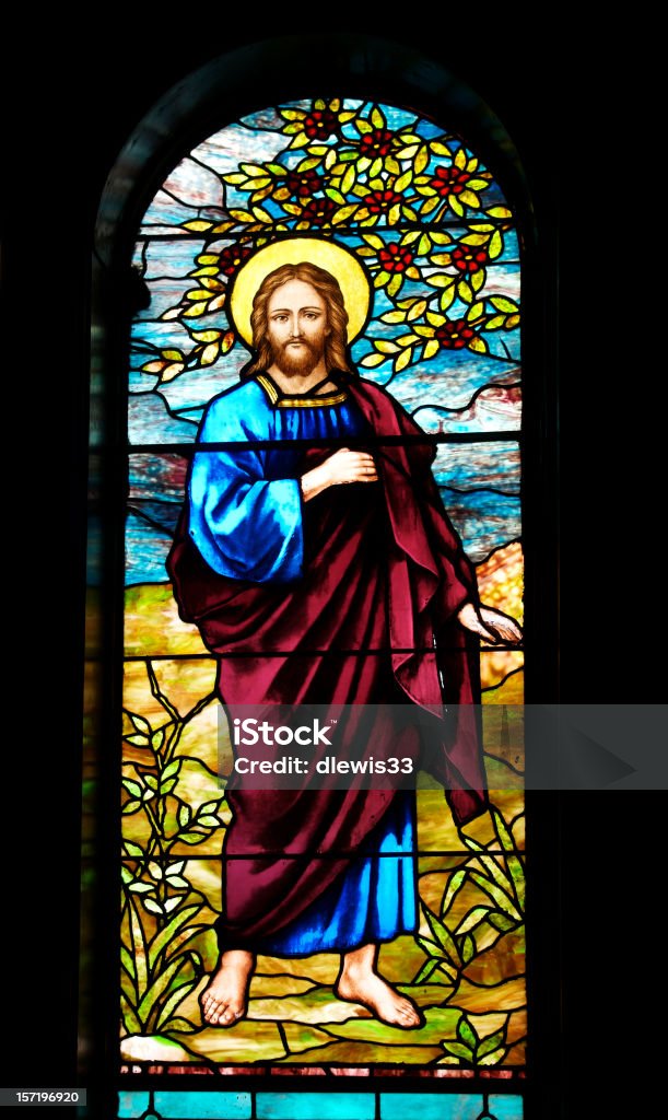 Jesus Depicted in Antique Stained Glass  Jesus Christ Stock Photo