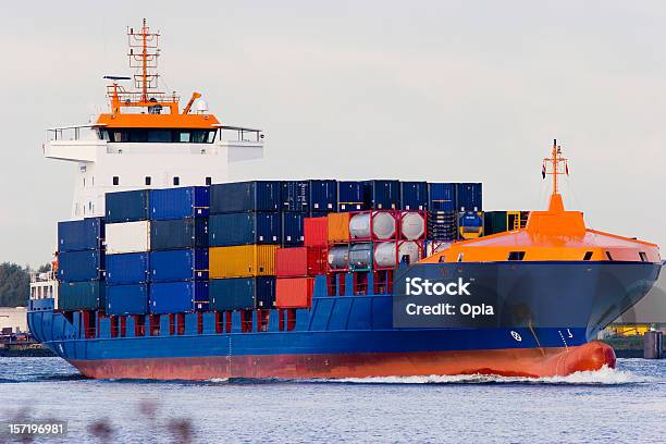 Orange And Blue Container Ship Stock Photo - Download Image Now - Barge, Container, Activity