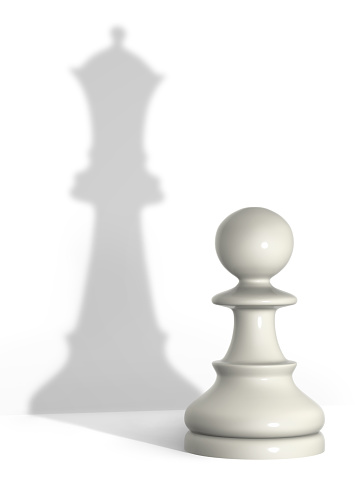 White pawn with queen's shadow. Represents conception of: advancement, growth, progress, evolution etc.