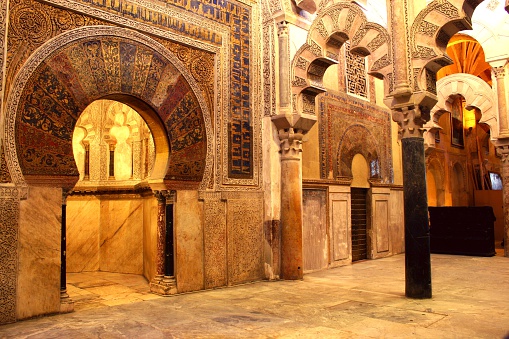 Cordoba, Spain - November 02, 2023: Arches in Cordoba Mosque Cathedral