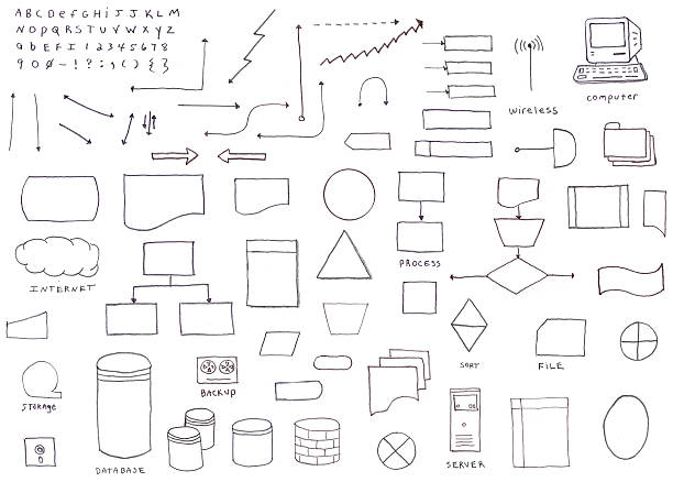 Hand drawn Flowchart Diagram Icons Hand drawn flowchart diagram icons isolated on white for clipping.  Drawn with pencil, included full alphabet character set. pencil drawing photos stock illustrations