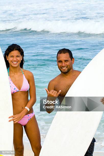 Father Daughter Surfers Stock Photo - Download Image Now - Adolescence, Beach, Bikini