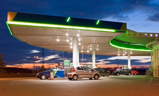 night shot of a petrol station